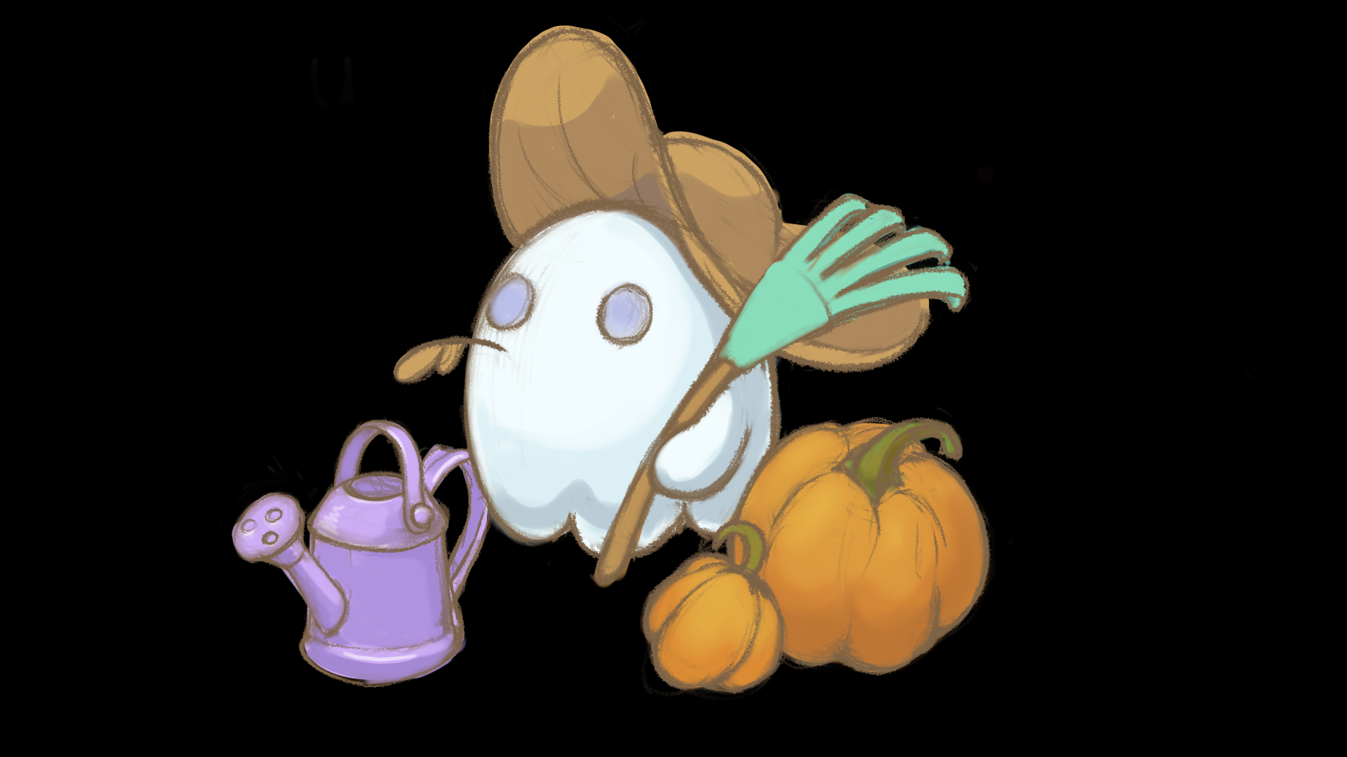 Ghost holding a rake next to pumpkins